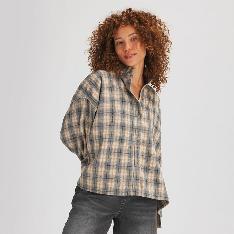 Clothing * | Basin And Range Exclusive Design Ruffle Neck Plaid Shirt Women'S Slate/Cream Plaid